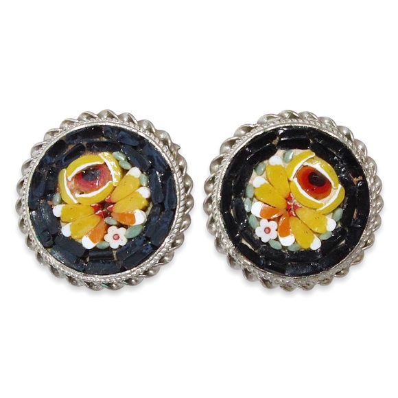 Vintage Italian Micro Mosaic Floral Screw Back Earrings Black Yellow Red Flower - Picture 1 of 4
